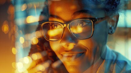 Smiling adolescent student of African descent wearing glasses engages in online study at home, highlighted by a double exposure of digital learning displayed on a laptop screen, underscoring the
