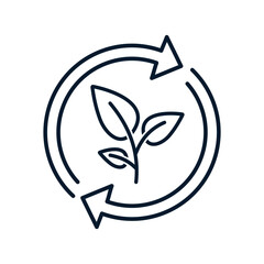 Organic recycling. Eco-friendly green lifestyle with leaf symbol and circular arrow. Save the environment. Vector linear icon isolated on white background.