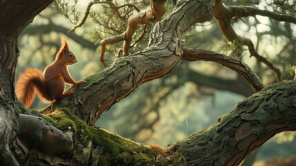 Fototapeta premium A red squirrel sits on a moss-covered branch of an old tree, enjoying the surrounding nature