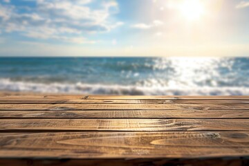 Fototapeta premium Wooden Plank Tabletop with Blurred Sea and Sun Background
