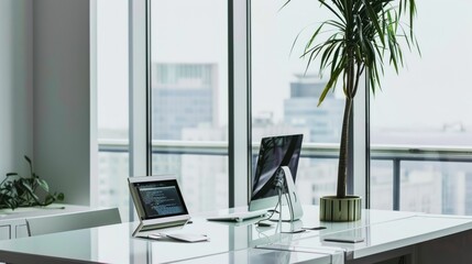 Fototapeta premium Modern office desk with laptops and plant near the window.
