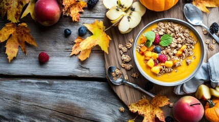 A colorful autumn breakfast bowl featuring granola, fruits, and a pumpkin blend, perfect for seasonal brunch inspiration.