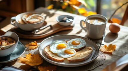 Fototapeta premium A cozy breakfast table featuring sunny-side-up eggs, toast, coffee, and autumn leaves, capturing the essence of a warm morning.