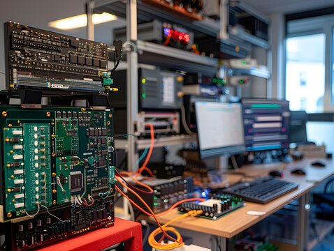 Closeup of Circuit Boards and Computer Components in a Server Room.