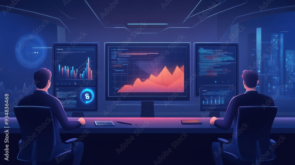 Poster two professionals analyzing data on multiple screens in a modern office environment, showcasing char