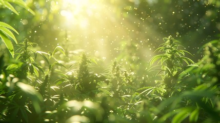 Sunlit Cannabis Plants in a Lush Forest.