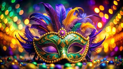 Fototapeta premium Colorful Mardi Gras carnival mask adorned with feathers and beads for festive celebrations and parties
