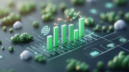 A digital illustration of a modern graph showcasing data growth with green bars and analytics icons on a blurred background.
