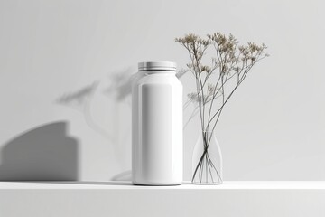 White Bottle and Dried Flower Arrangement on a White Shelf