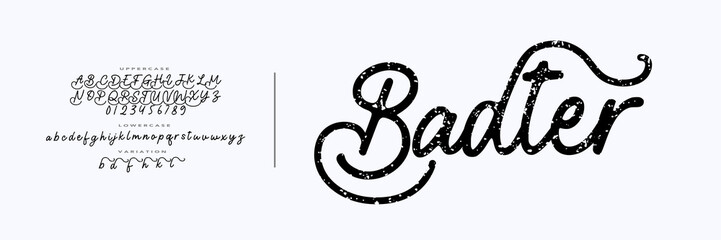 Elegant Retro Classic Font. Rough Grunge Disstress script Font, Vintage design for Brand, Fashion, Urban, Uppercase,lowercase and number, Vector illustration