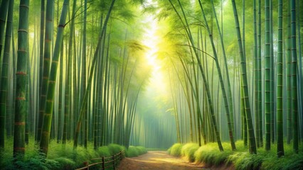 Fototapeta premium A serene painting of bamboo trees in a lush forest setting