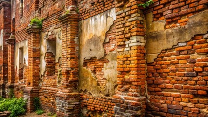 Weathered and stained brick walls in an ancient building