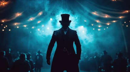 A man in a black suit and hat stands in front of a crowd of people