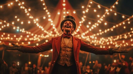 A man in a red costume is standing in front of a crowd of people