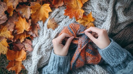 Cozy autumn scene with hands knitting a colorful garment amidst vibrant fall leaves and a soft, textured blanket.
