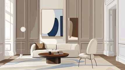 Modern living room with a beige couch and a wooden coffee table.