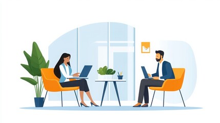 Professional workspace scene featuring two engaged colleagues collaborating around a modern table with laptops and plants.