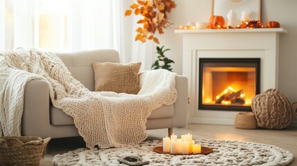 Cozy living room with warm fireplace, soft blankets, and candles, creating a welcoming and inviting atmosphere.