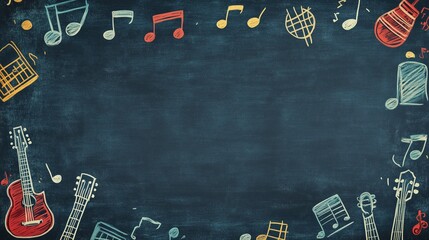 Chalkboard sketch of a guitar with music notes, symbols, and educational concepts