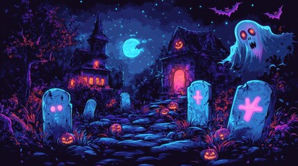 Obraz premium A Halloween themed painting of a graveyard with a ghost