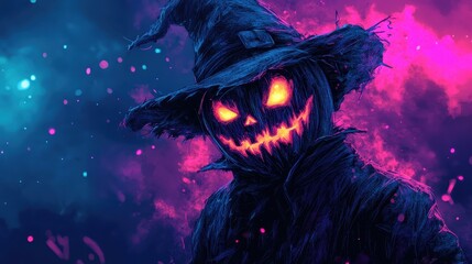 A witch with a pumpkin on her head and a scary face