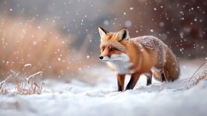 Fototapeta premium Serene scene of a fox navigating through a snowy landscape, with snowflakes gently settling on its fur and tranquil surroundings.