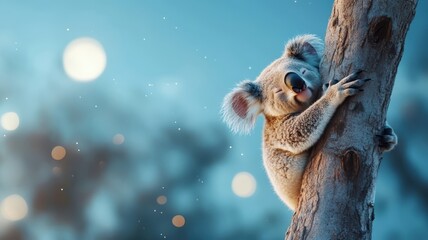 Obraz premium Koala perched on a tree in a moonlit desert, with its fur glowing under the starry sky and the vast, arid landscape.