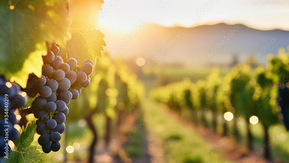 Poster vineyard in autumn at sunset