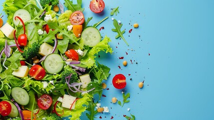 Fresh vegetable and cheese salad set against a blue background