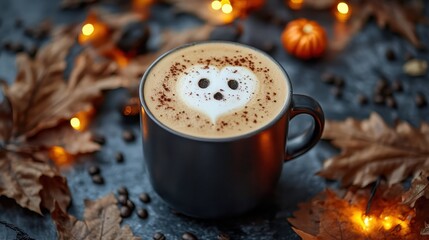 A cup of coffee with a heart on it is sitting on a table with leaves