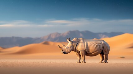 Fototapeta premium Powerful rhinoceros standing amidst the moonlit desert, with its rugged form and horn illuminated by the starry sky and sand dunes.