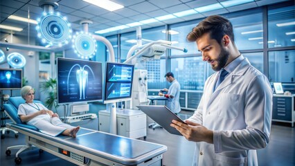 Medical tech science, ai health technology with surgical doctor on telehealth, telemedicine and iot global healthcare service analyzing online patient health record information data in hospital lab