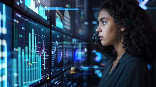 Focused analysis of financial data on multiple screens by a professional woman in a modern office environment.