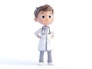 Fototapeta premium 3D Animation of a Full Body Young Boy Wearing a Doctor s Uniform Standing at the Center of a White Backdrop Ideal for Healthcare and Medical Imagery