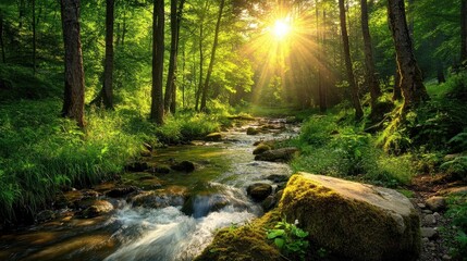 Connect with nature in a lush green forest with sun rays filtering through the trees and a serene stream flowing through the landscape