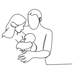 Continuous line drawing of Happy pregnant woman , father and mother family time.