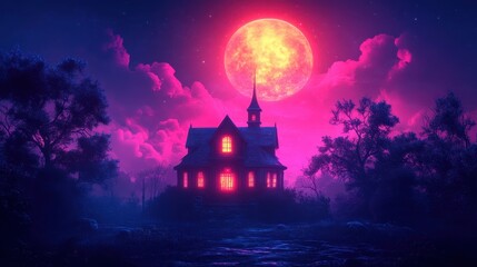 A house with a red roof and a large red moon in the sky