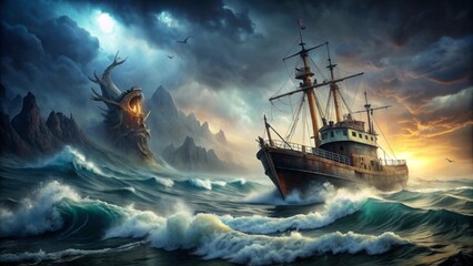 Obraz premium Damaged ship in stormy sea fleeing deep sea monster attack