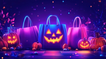 A group of Halloween decorations including pumpkins, bags, and a spider web