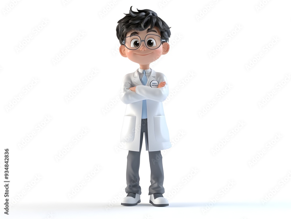 Poster 3d animation of a young boy wearing a scientist uniform standing at the center of a white background