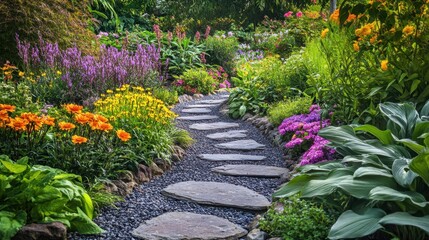 Naklejka premium Engage with the natural world in a peaceful garden with a winding stone path surrounded by colorful flowers and lush greenery