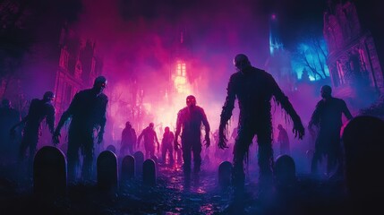A group of zombies are walking through a graveyard