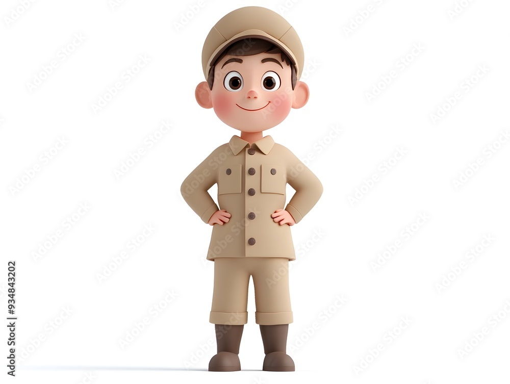 Poster centered 3d animation of a full body boy character wearing an uniform standing isolated on a clean w