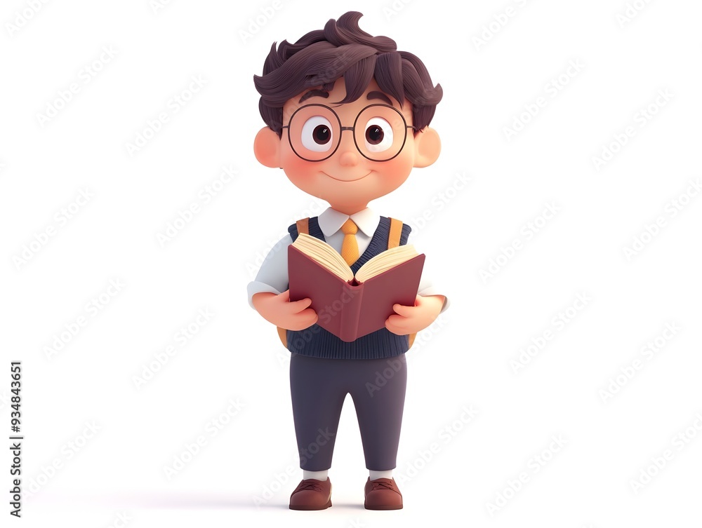 Poster 3d animation of a full body boy character wearing a librarian uniform standing centered on a clean w