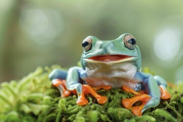 Fototapeta premium Frog sitting on top of mossy green plant with mouth open in natural beauty of wilderness environment