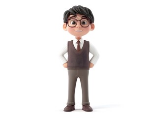 Obraz premium 3D animated full body render of a young boy wearing a formal librarian uniform standing at the center of a clean white studio background This digital depicts an educated