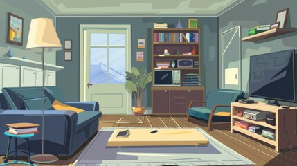 Cozy living room with a couch, armchair and bookcase.