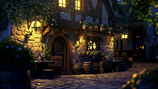 Quaint medieval tavern exterior at night with warm glowing lights and cobblestone street. Seamless looping 4k time-lapse animation video background
