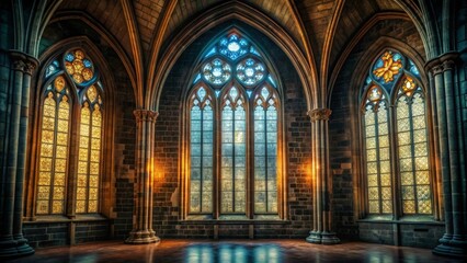 Obraz premium Eerie cathedral windows glowing in darkness, hinting at hidden secrets