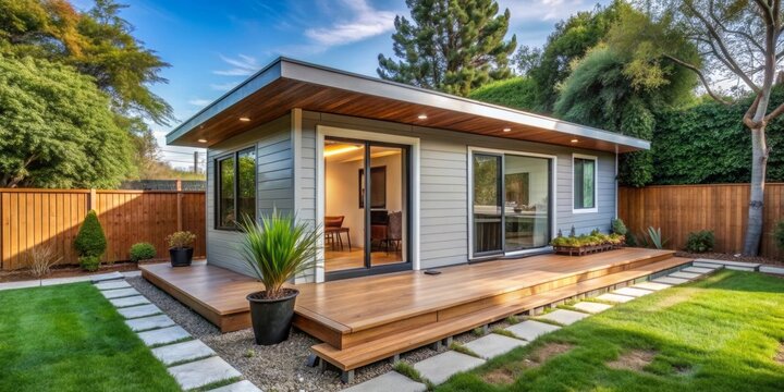 Modern ADU unit in a backyard setting with a focus on housing solution and property expansion